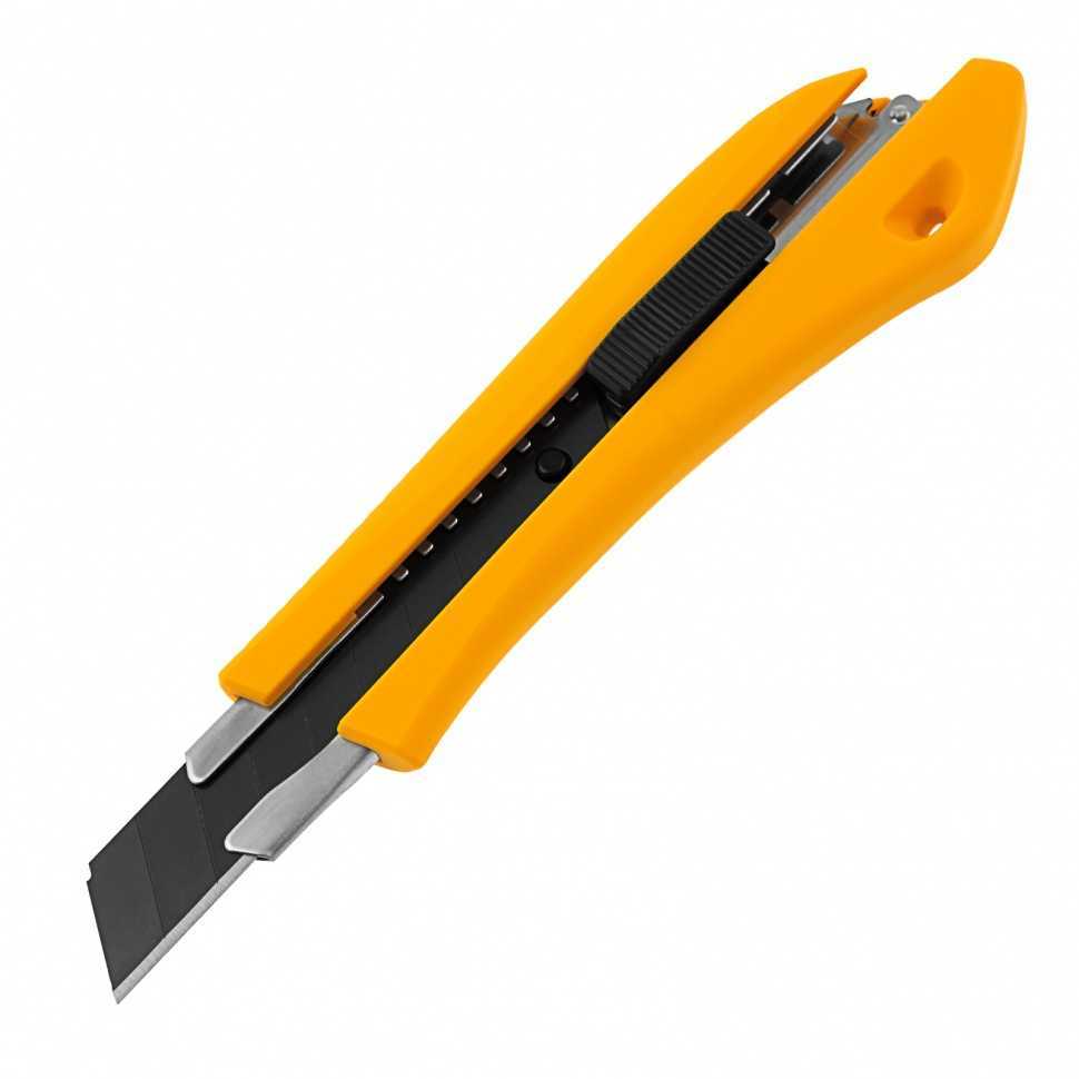 Нож, 18 мм, сменное лезвие, SK4, метал. направляющая, нажимной фиксатор// Denzel Ножи строительные фото, изображение