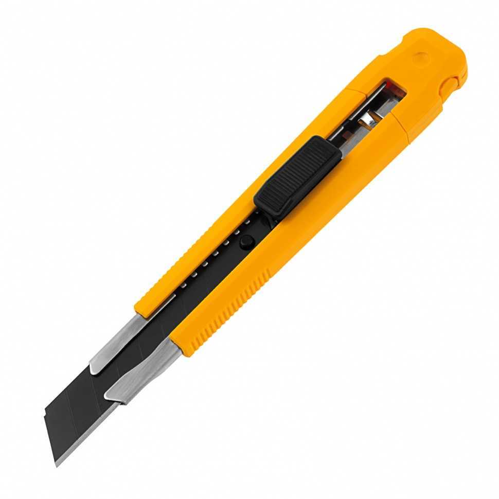 Нож, 18 мм, сменное лезвие, SK4, метал. направляющая, клипса, нажимной фиксатор// Denzel Ножи строительные фото, изображение