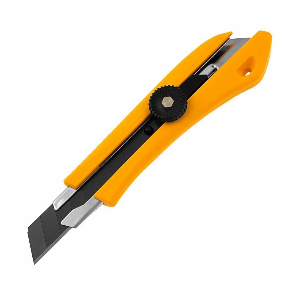 Нож, 18 мм, сменное лезвие, SK4, метал. направляющая, винтовой фиксатор// Denzel Ножи строительные фото, изображение